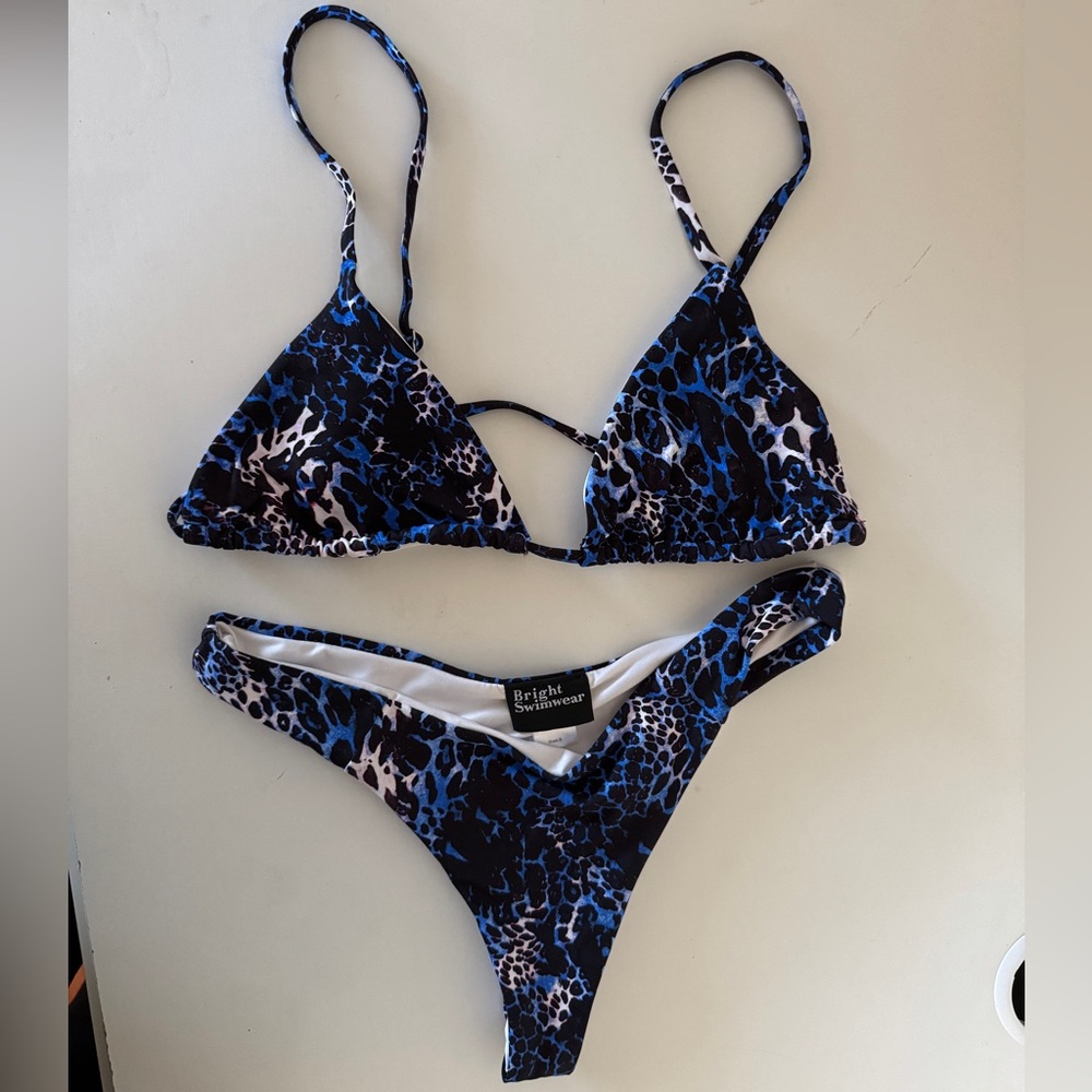 Bright Swimwear blue and black animal print top sz: M, bottom: S